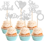 36 Pack He Asked She Said Yes Cupcake Toppers Glitter Love Heart I do Ring Bridal Shower Cake Food Picks Decorations for Wedding Engagement Theme Party Supplies Silver