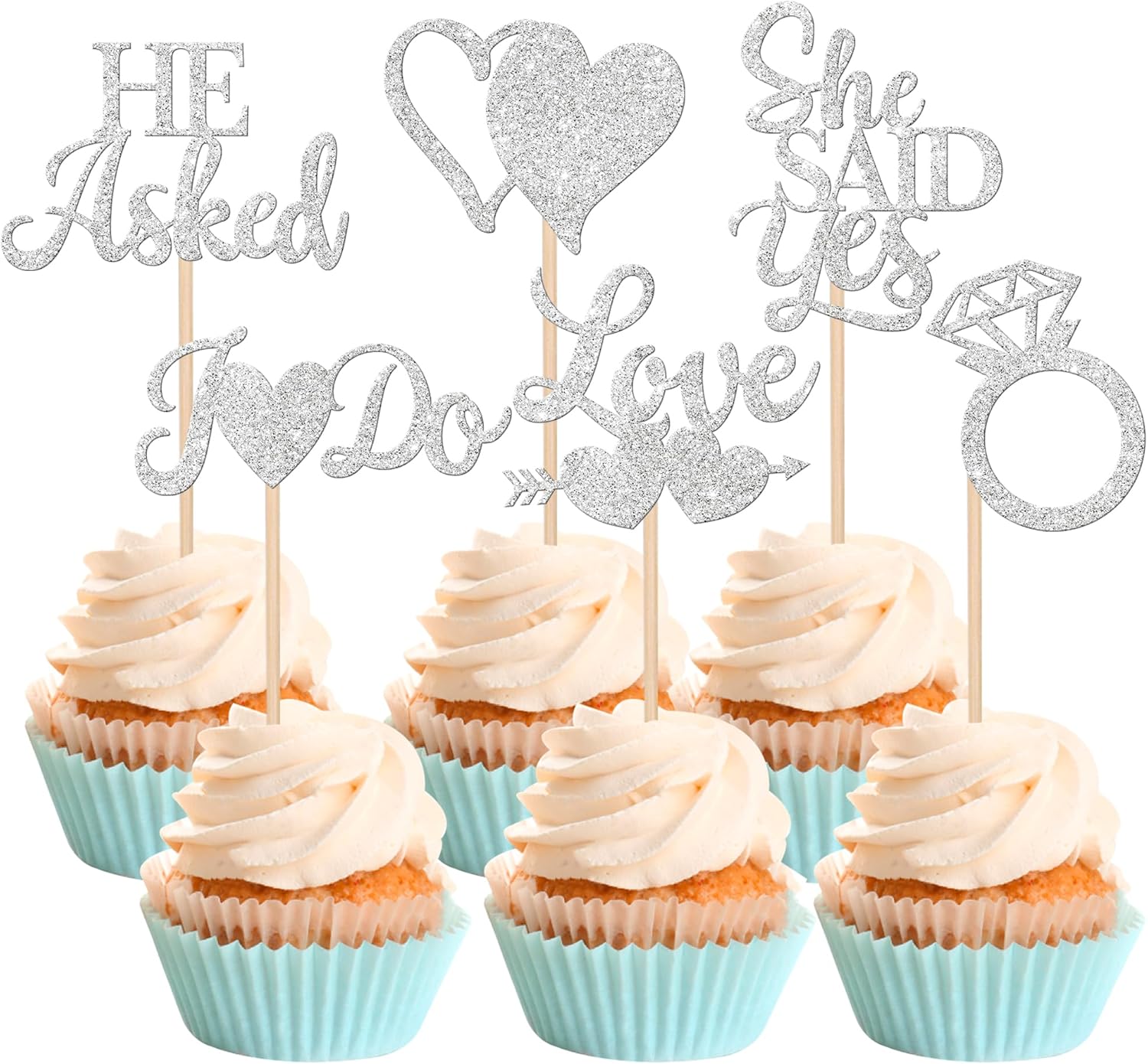 36 Pack He Asked She Said Yes Cupcake Toppers Glitter Love Heart I do Ring Bridal Shower Cake Food Picks Decorations for Wedding Engagement Theme Party Supplies Silver