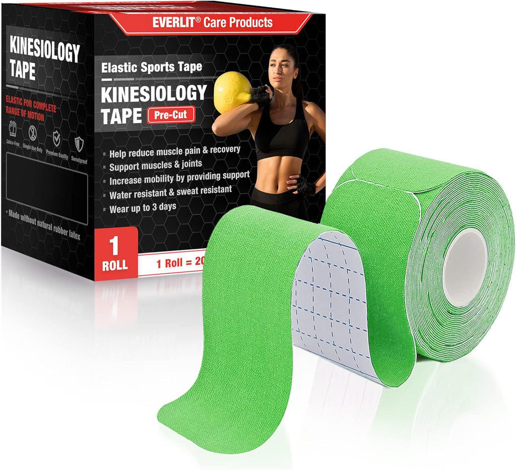 EVERLIT [Single] Pre-Cut Elastic Cotton Kinesiology Therapeutic Athletic Sports Tape, For Pain Relief And Support, 20 Precut 10” Strips (Lime Green)