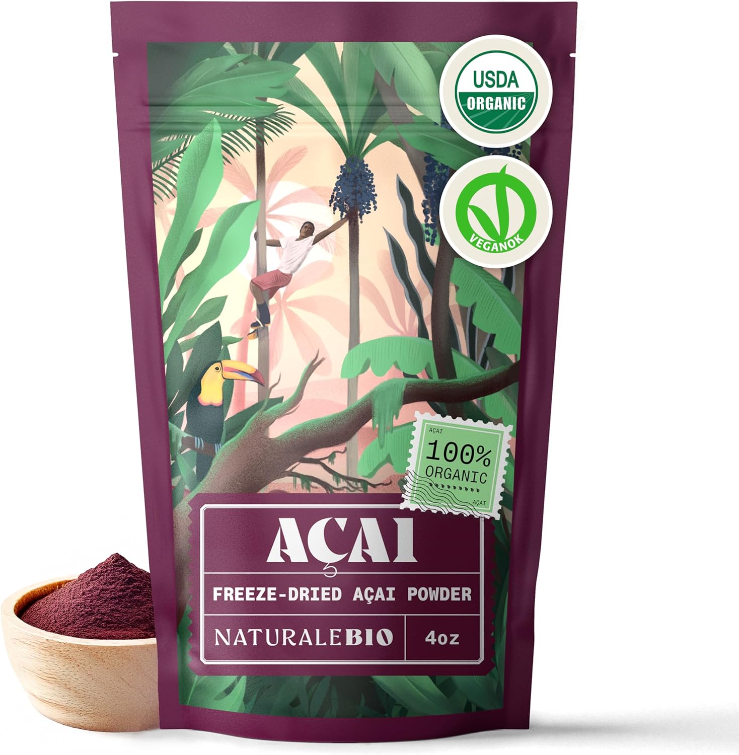 NaturaleBio Acai Powder Organic 4oz - Freeze Dried - Pure Organic Acai Berry Powder (Freeze-Dried) from Brazil, Dried, Raw Food and Extract of Pulp of Acai Berry Fruit