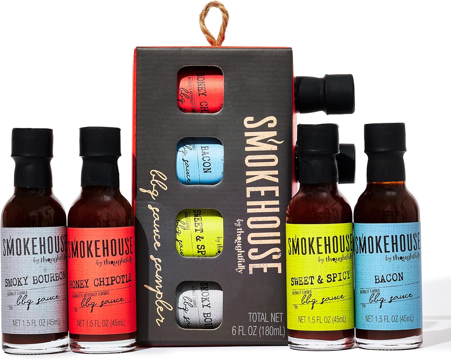 Smokehouse by Thoughtfully, Gourmet BBQ Sauce Sampler Set, Vegan and Vegetarian, Flavors Include Honey Chipotle, Smoky Bourbon, Sweet and Spicy, and Bacon BBQ Sauce, Pack of 4