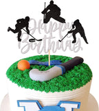 1 PCS Hockey Cake Topper Glitter Happy Birthday Sign Cake Decorations Ice Hockey Player Sports Theme Cake Pick for Hockey Theme Baby Shower Boys Girls Birthday Party Supplies Silver