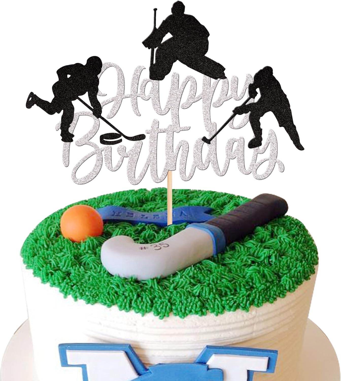 1 PCS Hockey Cake Topper Glitter Happy Birthday Sign Cake Decorations Ice Hockey Player Sports Theme Cake Pick for Hockey Theme Baby Shower Boys Girls Birthday Party Supplies Silver