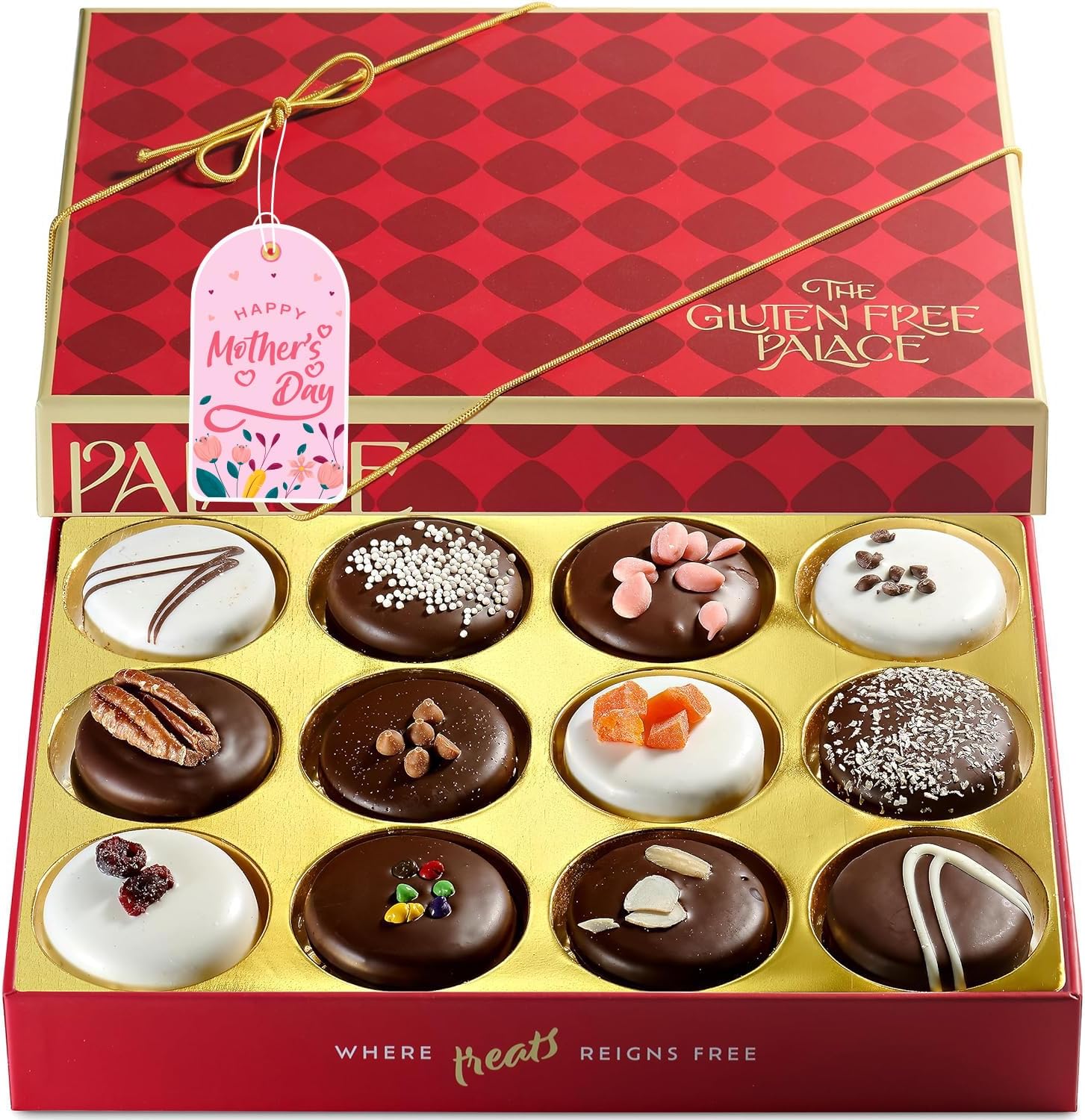 Gluten Free Palace Cookie Gift Basket – Vegan Gluten Free Mother’s Day Chocolate Covered Cookies – Gourmet Sweet Treat Cookie Gift Box for Mom, Wife & Women – Chocolate Gift Box for Birthday, Family, Friends & Adults (12 Count)