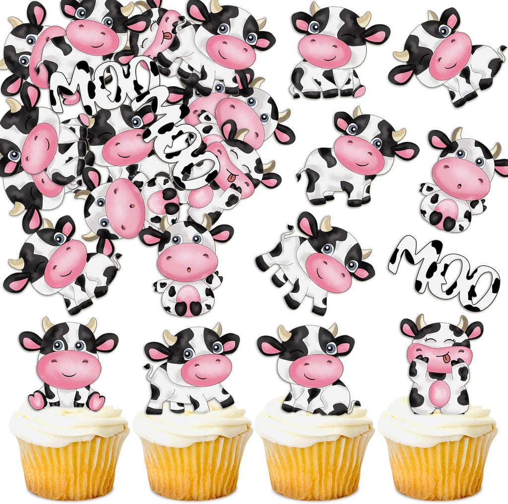 40Pcs Edible cow Cupcake Toppers Wafer Paper Farm Animals Moo Cupcake Cow Drink Topper Picks Cow Theme Kids Birthday Party Cake Decorations Supplies