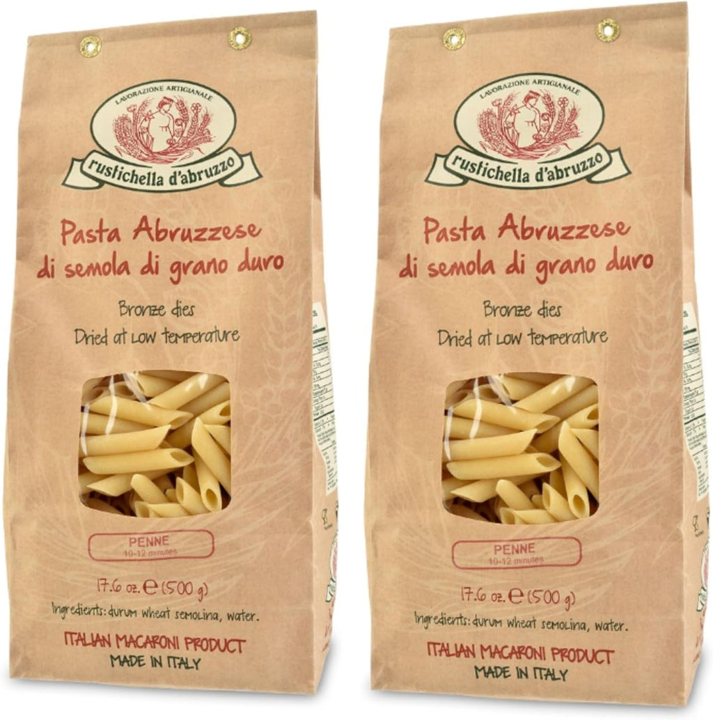 Rustichella d'Abruzzo Penne Pasta (Pack of 2), 500g Each - Classic Durum Wheat Short Quill-Shaped Pasta - Perfect for Sauces and Baked Dishes - Cooks in 10-12 Minutes - Authentic Italian Pasta