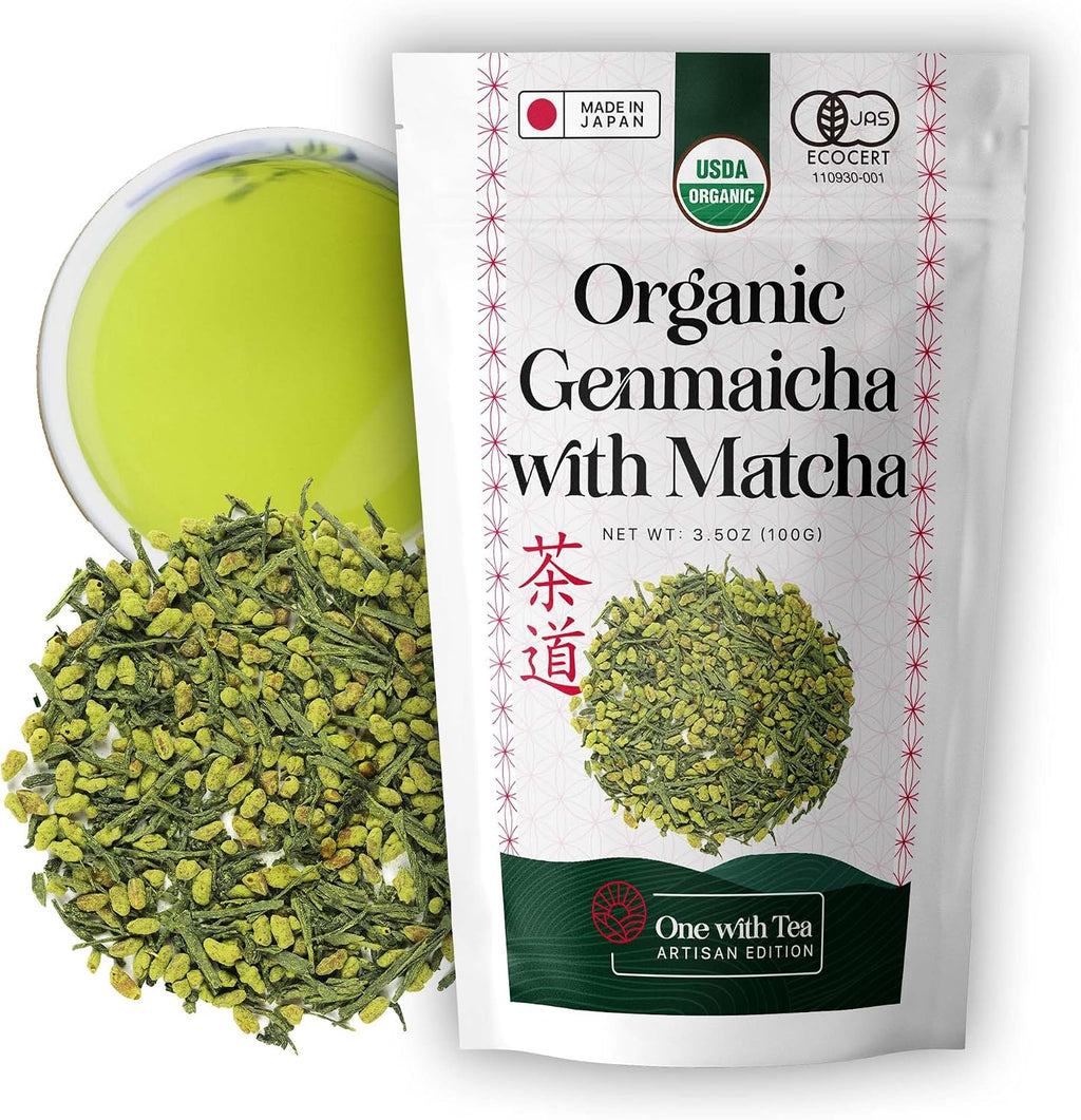 One With Tea Organic Japanese Genmaicha with Matcha Green Tea Loose Leaf – Premium Whole Leaf Sencha with Roasted Brown Rice & Matcha, USDA Organic, Rich & Smooth Flavor, Traditional Japanese Tea