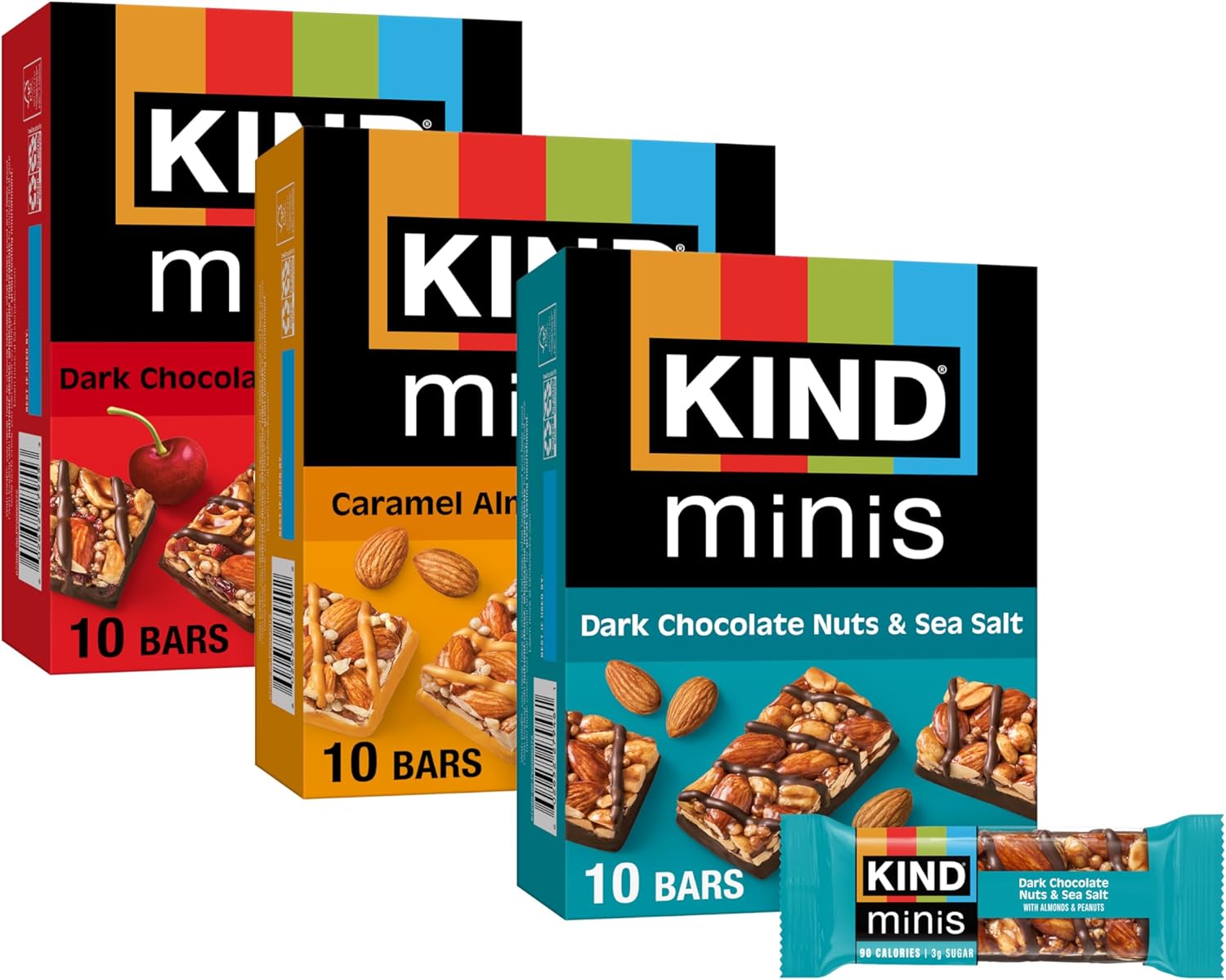 KIND Mini Snack Bars Variety Pack, Gluten Free, Low Sugar, Low Calorie Snacks, Dark Chocolate Nuts & Sea Salt, Caramel Almond & Sea Salt, Dark Chocolate Cherry Cashew, 80 Count