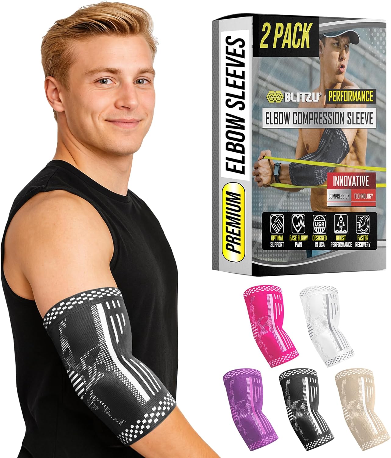 BLITZU Elbow Compression Sleeve for Tendonitis 2 Pack, Tennis Elbow Brace Support for Men and Women Golfers Elbow Pain Relief, Arthritis, Bursitis, Arm Brace for Workout, Weightlifting Black L