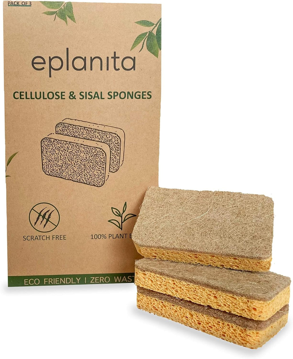 eplanita Natural Plant Based Scrub Sponges (3 Pack), Non-Scratch, Biodegradable Eco Scourers for Kitchen and Bathroom