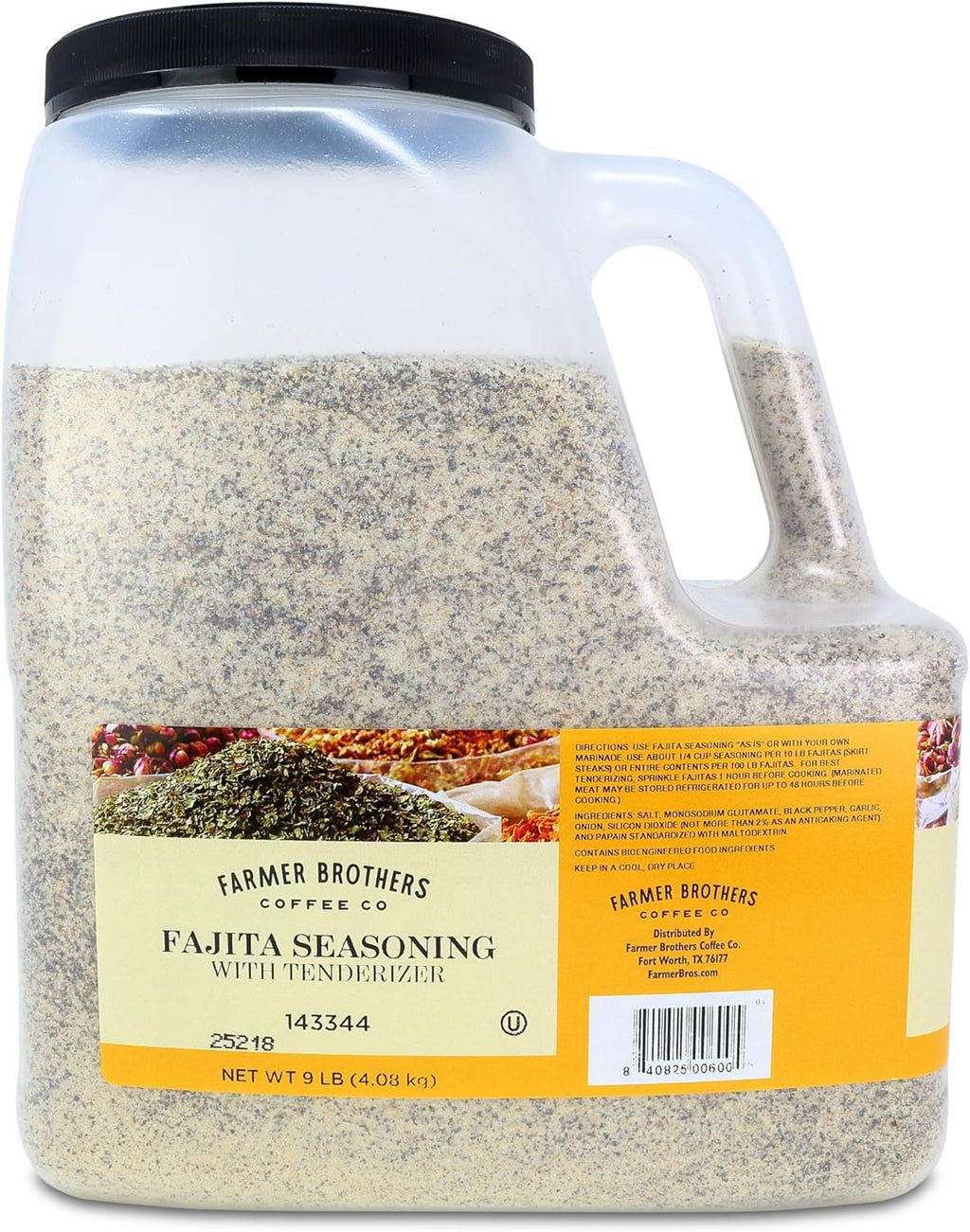 Farmer Brothers Fajita Seasoning with Tenderizer, 9 lb Bulk Bottle, Professional-Grade Blend for Beef, Chicken & Pork, Ideal for Restaurants, Catering & Home Kitchens