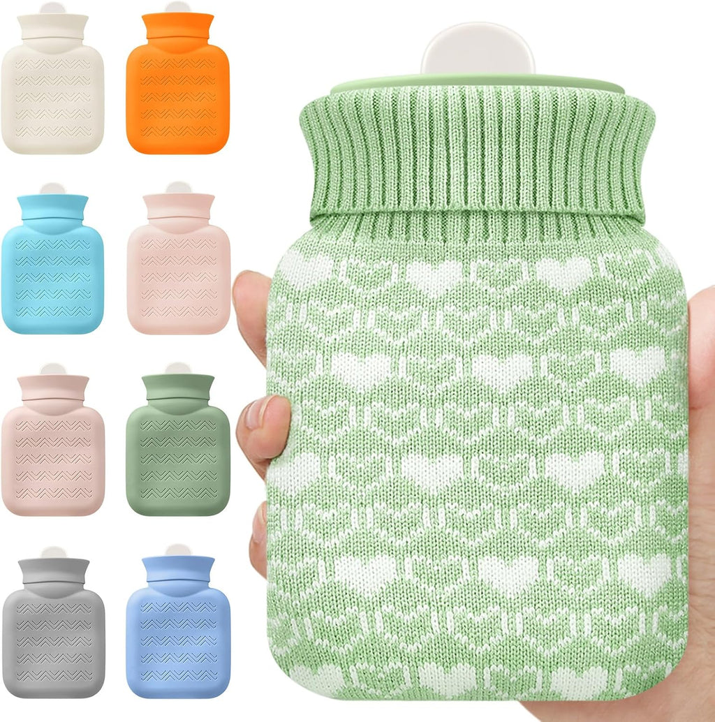Amylove Mini Hot Water Bottle with Knitted Cover 320ml, Mother's Gift Water Bag for Women, Microwave Heating Bottle for Pain Relief Menstrual Cramps Travel(Green)