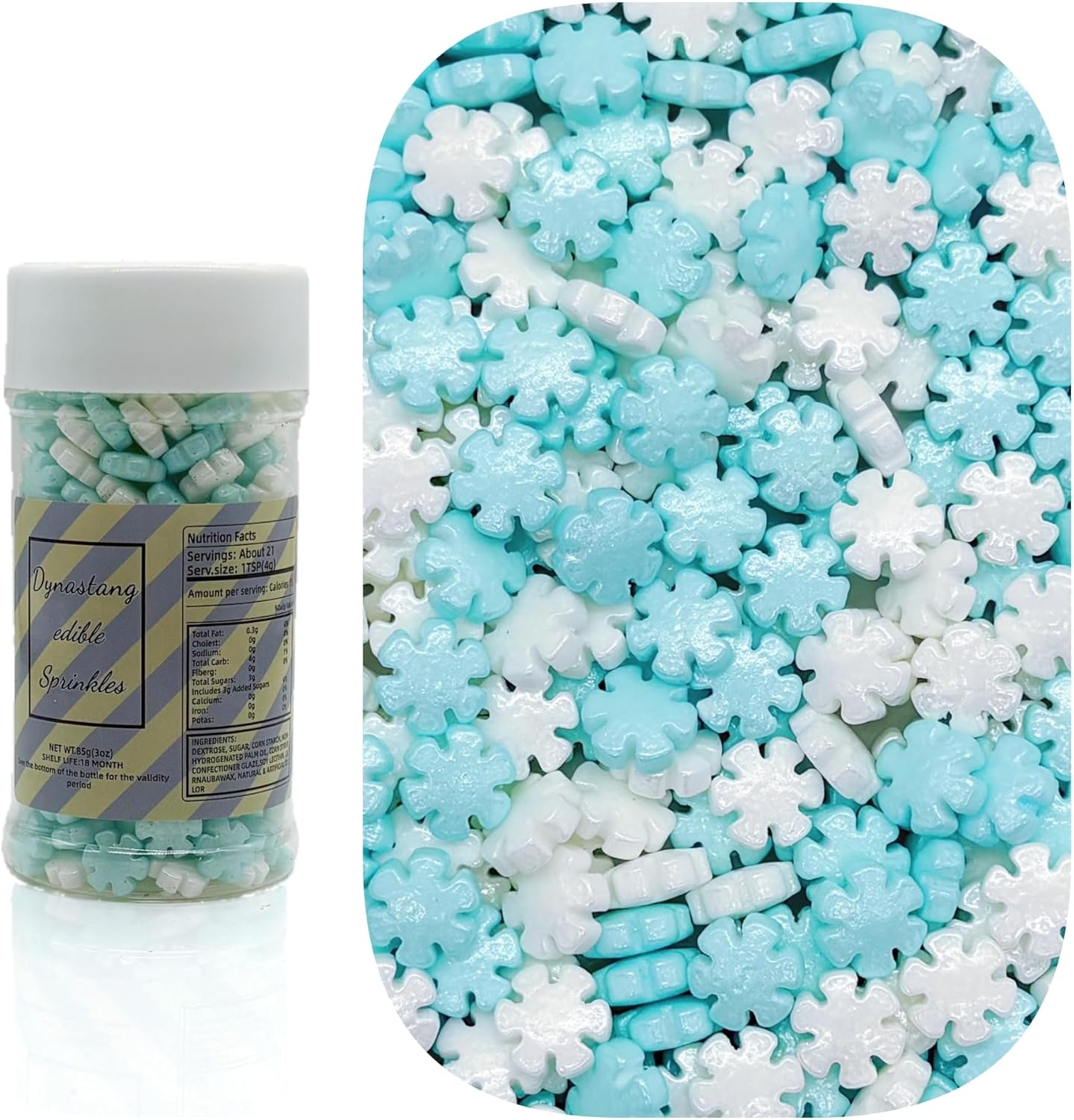 Dynastang White & Blue Snowflakes Sprinkles Christmas Edible Snowflakes Cake Decoration Cupcake Toppers Cookie Decorating Perfect for Cakes, Cupcakes, Desserts Toppings 3OZ