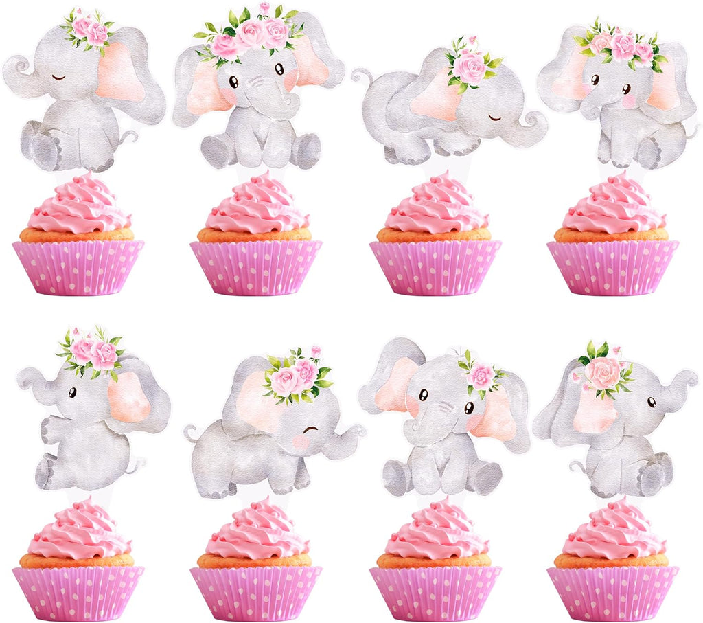 48pcs Pink Elephant Cupcake Toppers Double Sided Elephants Cupcake Decorations Elephant Baby Shower Decorations for Girl Gender Reveal Baby Shower Birthday Party Supplies