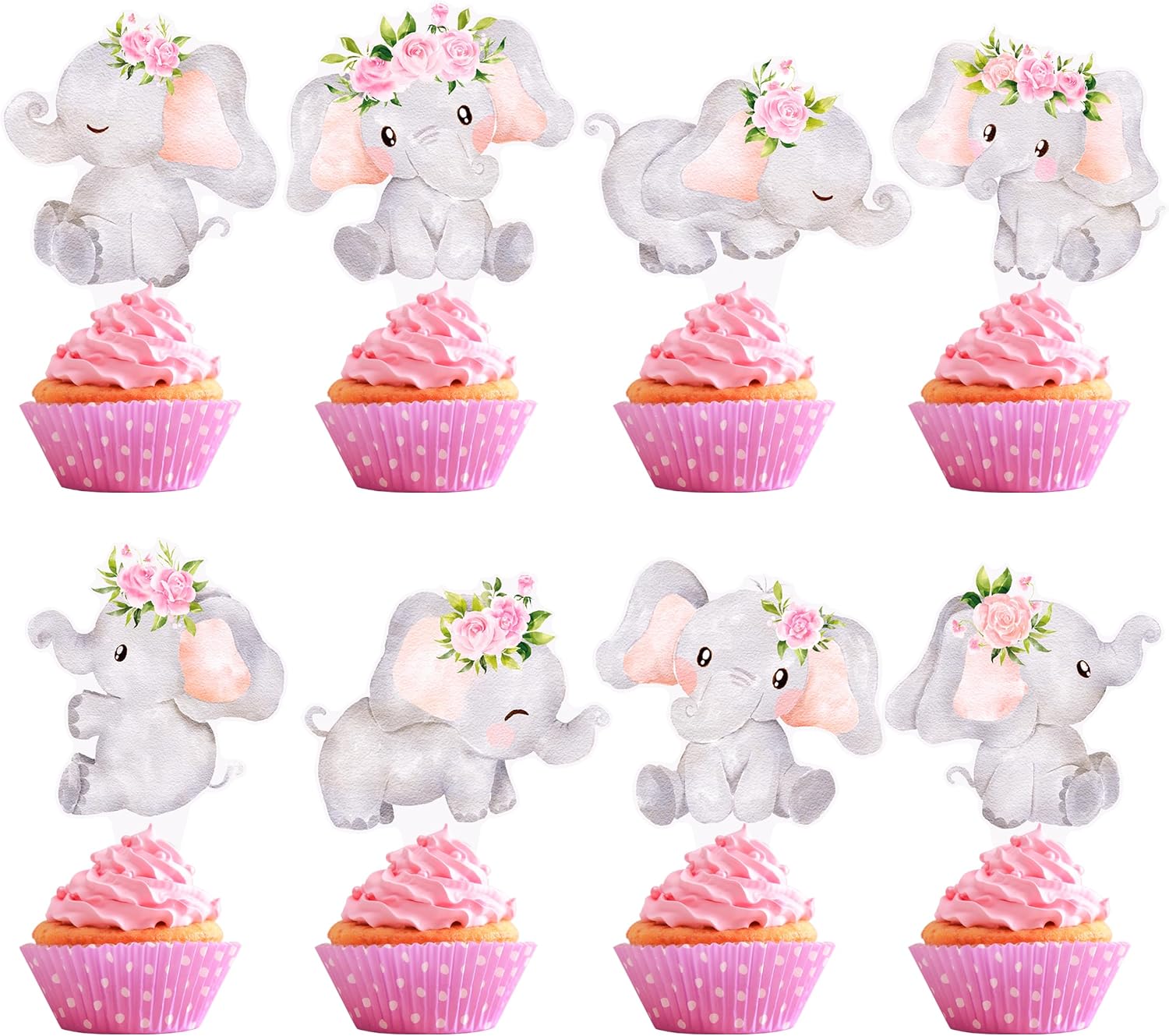 48pcs Pink Elephant Cupcake Toppers Double Sided Elephants Cupcake Decorations Elephant Baby Shower Decorations for Girl Gender Reveal Baby Shower Birthday Party Supplies