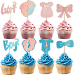 32 Pcs Boy or Girl Gender Reveal Decoration, Glitter Gender Reveal Cupcake Toppers, Onesie Jumpsuit Footprint Bow Tie Cupcakes Picks, Baby Shower Kids Birthday Party Cake Decorations Supplies