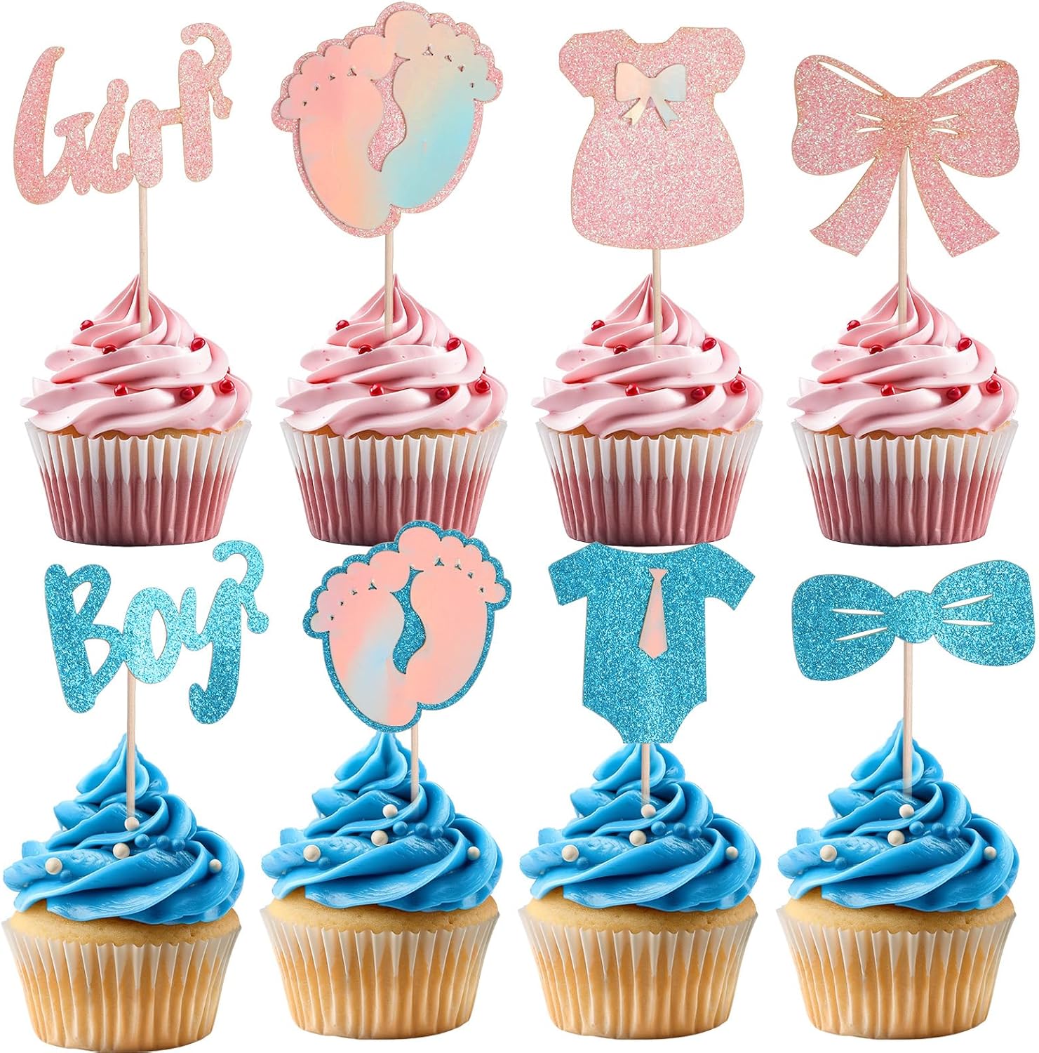 32 Pcs Boy or Girl Gender Reveal Decoration, Glitter Gender Reveal Cupcake Toppers, Onesie Jumpsuit Footprint Bow Tie Cupcakes Picks, Baby Shower Kids Birthday Party Cake Decorations Supplies