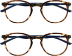 OPULIZE MET Reading Glasses for Women Men, Slim Round Frame with Spring Hinges and Scratch Resistant, Brown +2 (Pack of 2)