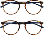 OPULIZE MET Blue Light Blocking Reading Glasses for Women Men, Slim Round Frame with Scratch Resistant and Spring Hinges, Computer Glasses with Anti-Reflective, Brown +2 (Pack of 2)