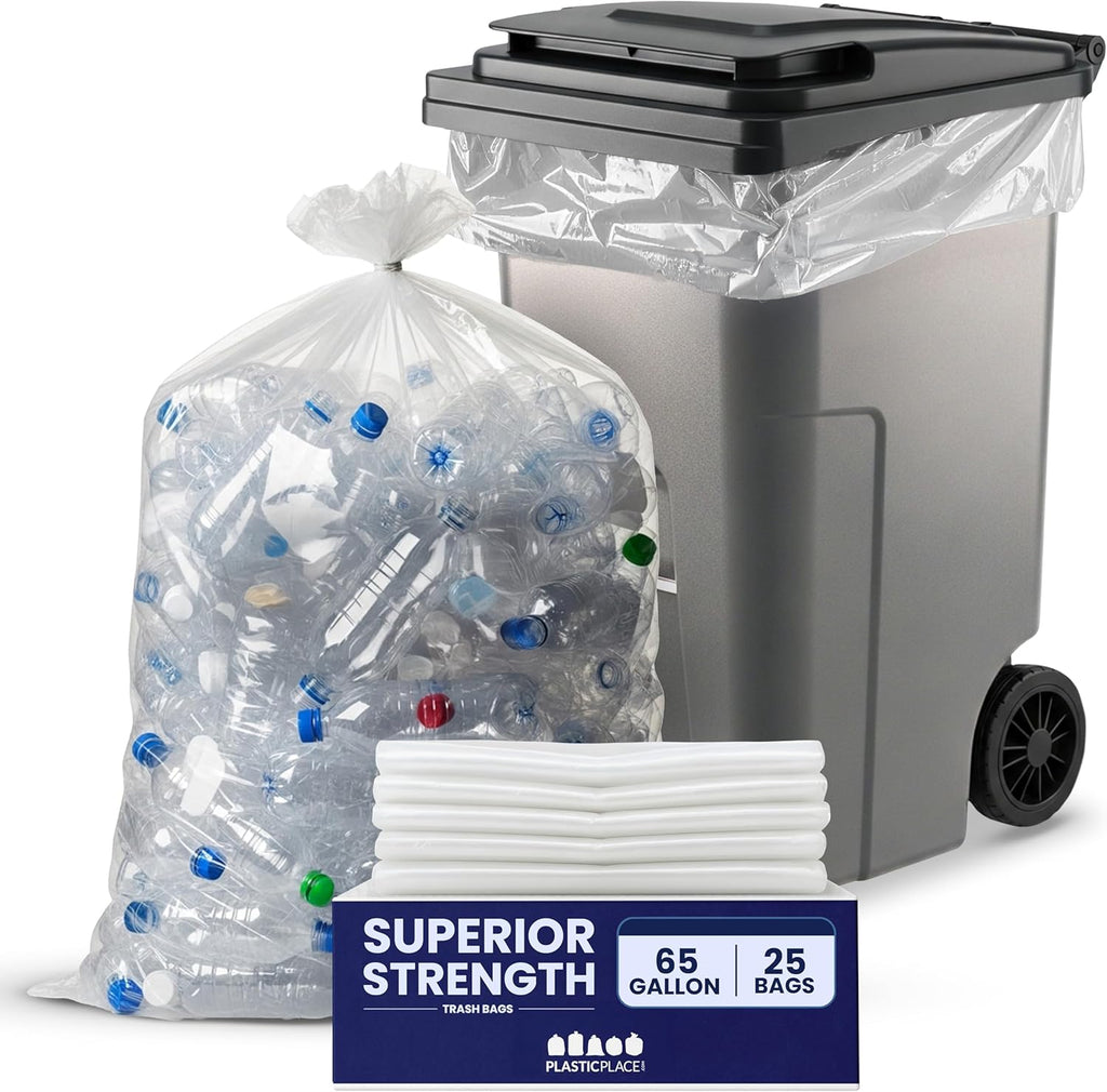 Plasticplace 65 Gallon Trash Bags │ 2.7 Mil │ Clear Heavy Duty Garbage Can Liners │ 50” x 48” (25 Count)