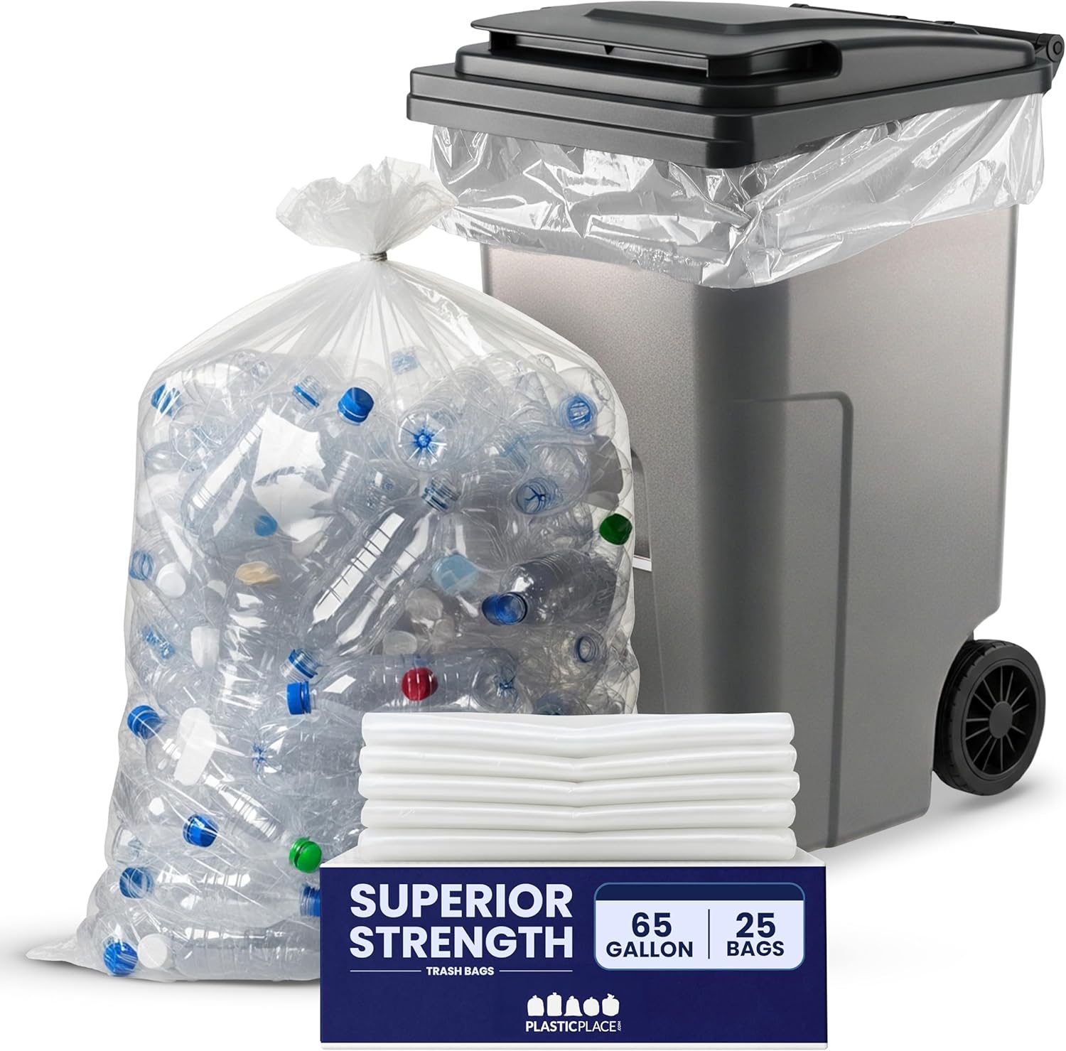 Plasticplace 65 Gallon Trash Bags │ 2.7 Mil │ Clear Heavy Duty Garbage Can Liners │ 50” x 48” (25 Count)