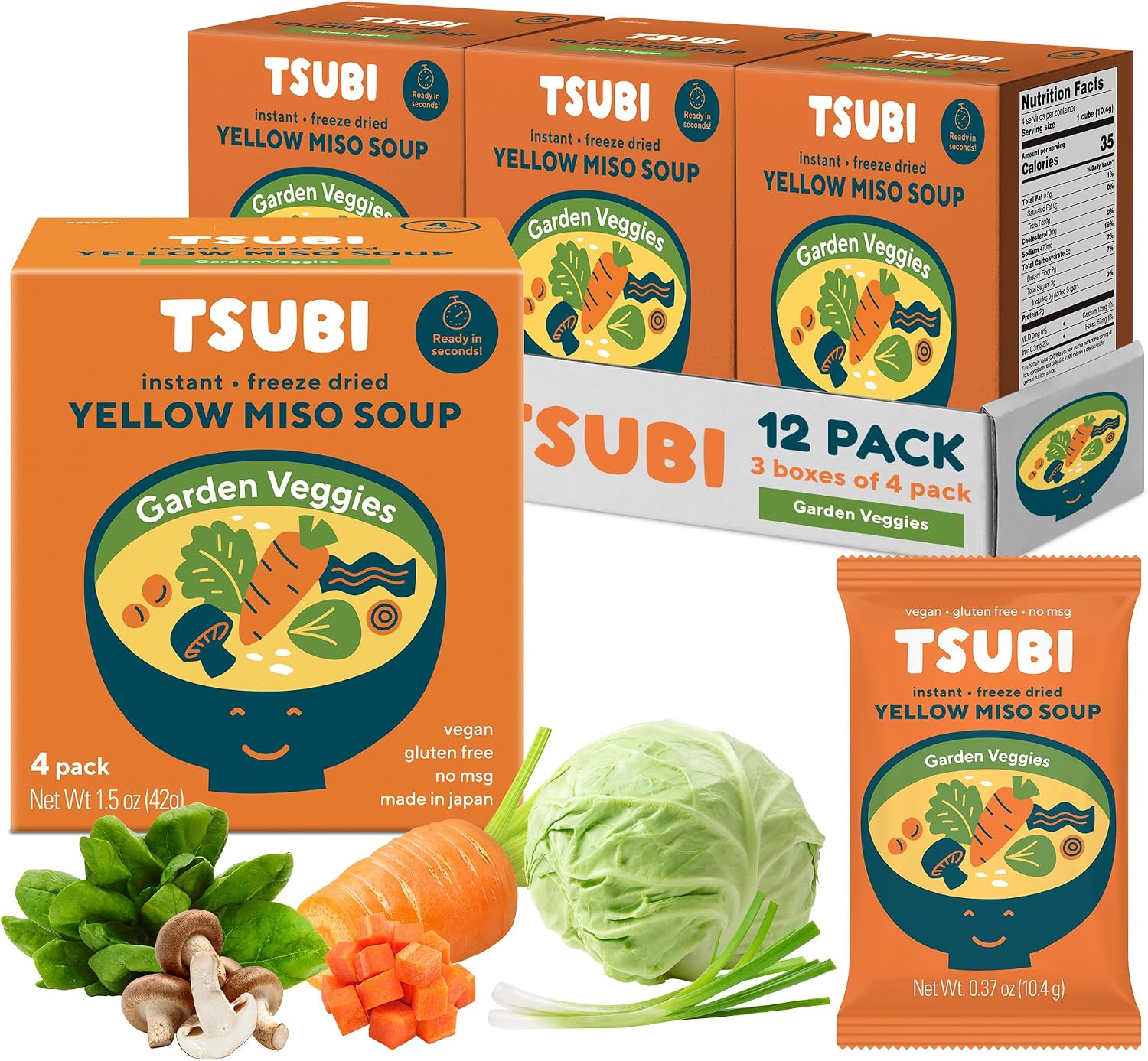 Tsubi Soup Freeze-Dried Japanese Miso Soup Packets - Instant, Vegan, Easy Mix, Gluten & MSG-Free, and Flavorful - Ready in Seconds - Made in Japan - Yellow Miso (Garden Veggies) - 12 Packs