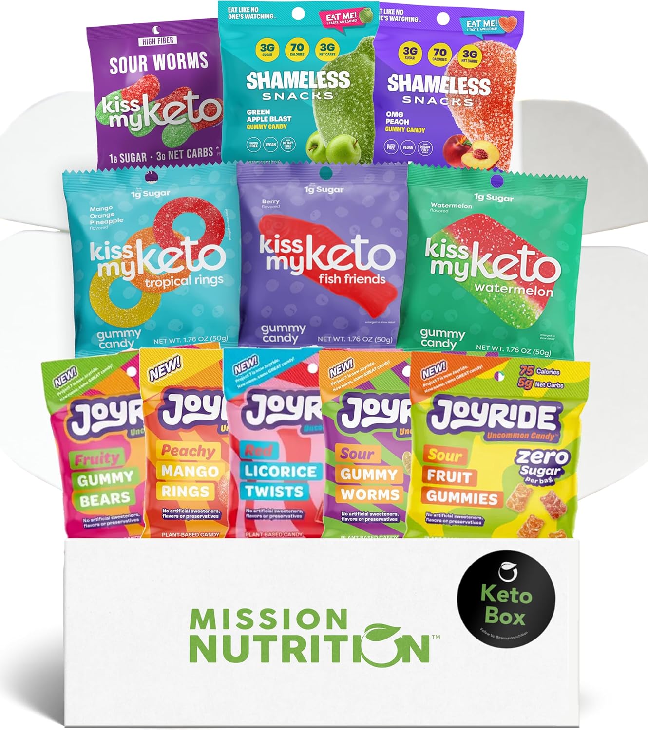 Keto Candy Box: Kiss My Keto, Joyrid Project 7, Shameless Snacks Gummies - Low Carb, Keto-Friendly, Low Calorie, Gluten-Free Gummy Variety