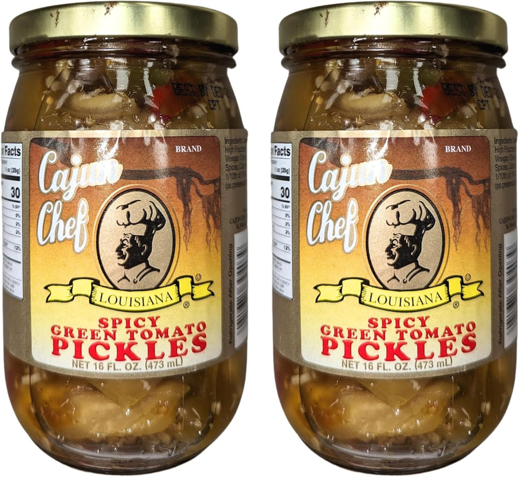Cajun Chef Spicy Green Tomato Pickles 16oz (Pack of 2) - Tangy and Delicious Side Dish - Perfect Garnish for Any Meal - Fried Green Tomatoes, Salads, Stews, Pizza Topping,