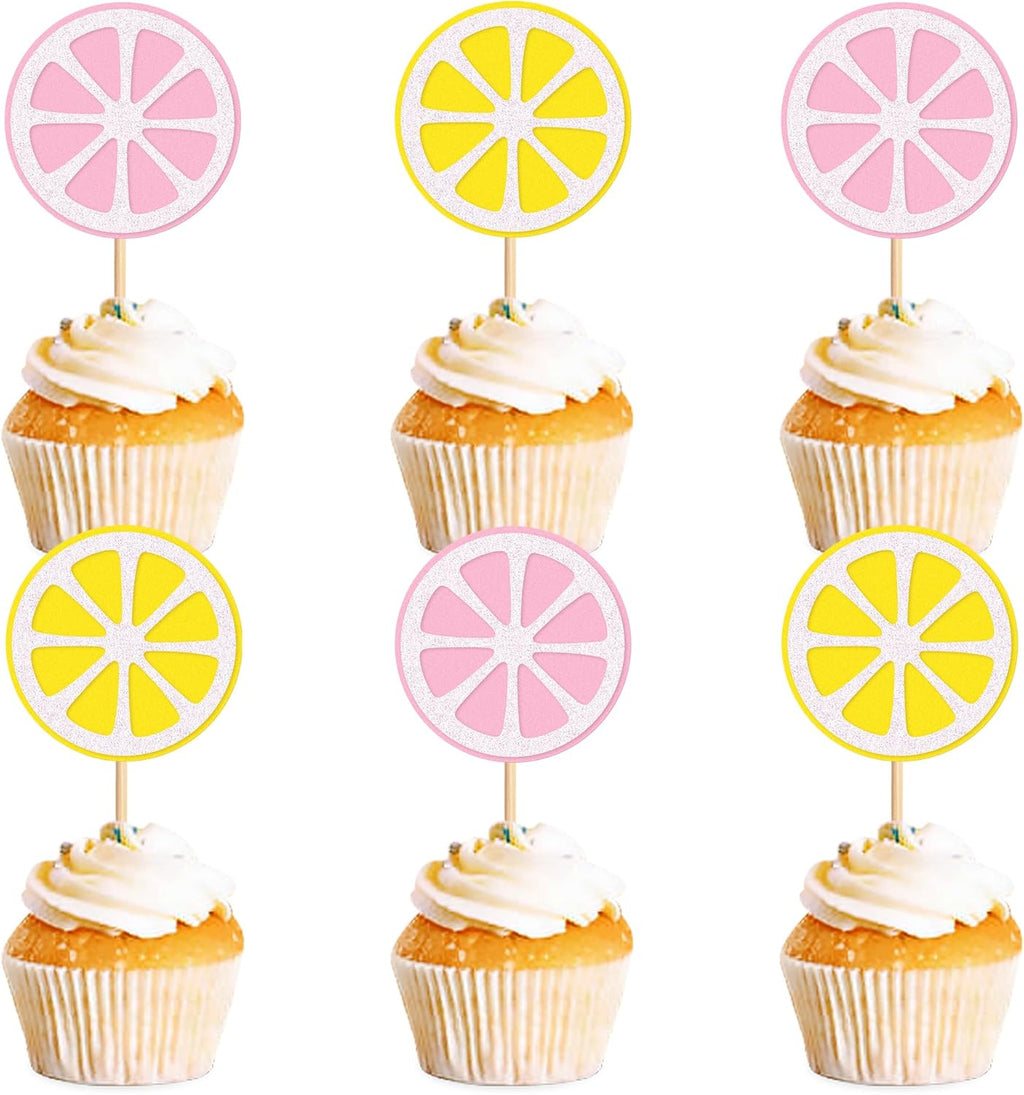 Ercadio 24 Pcs Lemon Cupcake Toppers Glitter Fruit Theme Summer Lemonade Cupcake Picks for Kid Baby Shower Party Decorations Boy Girl Birthday Cake Party Supplies Lemon Pink