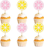 Ercadio 24 Pcs Lemon Cupcake Toppers Glitter Fruit Theme Summer Lemonade Cupcake Picks for Kid Baby Shower Party Decorations Boy Girl Birthday Cake Party Supplies Lemon Pink