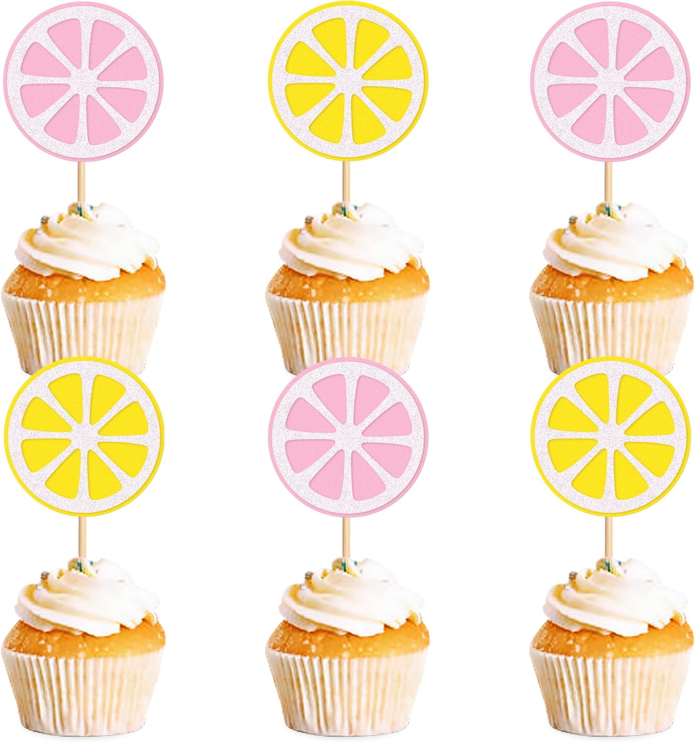 Ercadio 24 Pcs Lemon Cupcake Toppers Glitter Fruit Theme Summer Lemonade Cupcake Picks for Kid Baby Shower Party Decorations Boy Girl Birthday Cake Party Supplies Lemon Pink