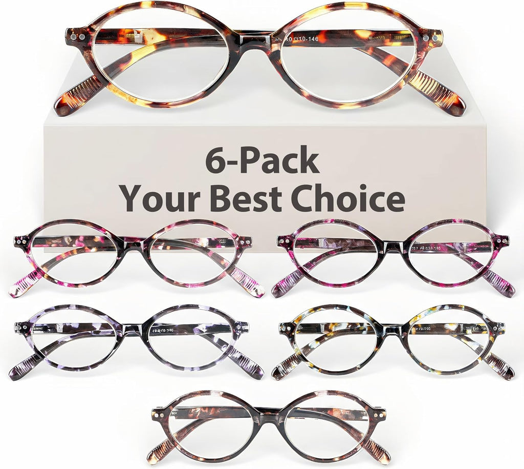 6 Pack Small Oval Reading Glasses for Women, Blue Light Readers with Flexible Spring Hinge (Multicolor, 1.5x)