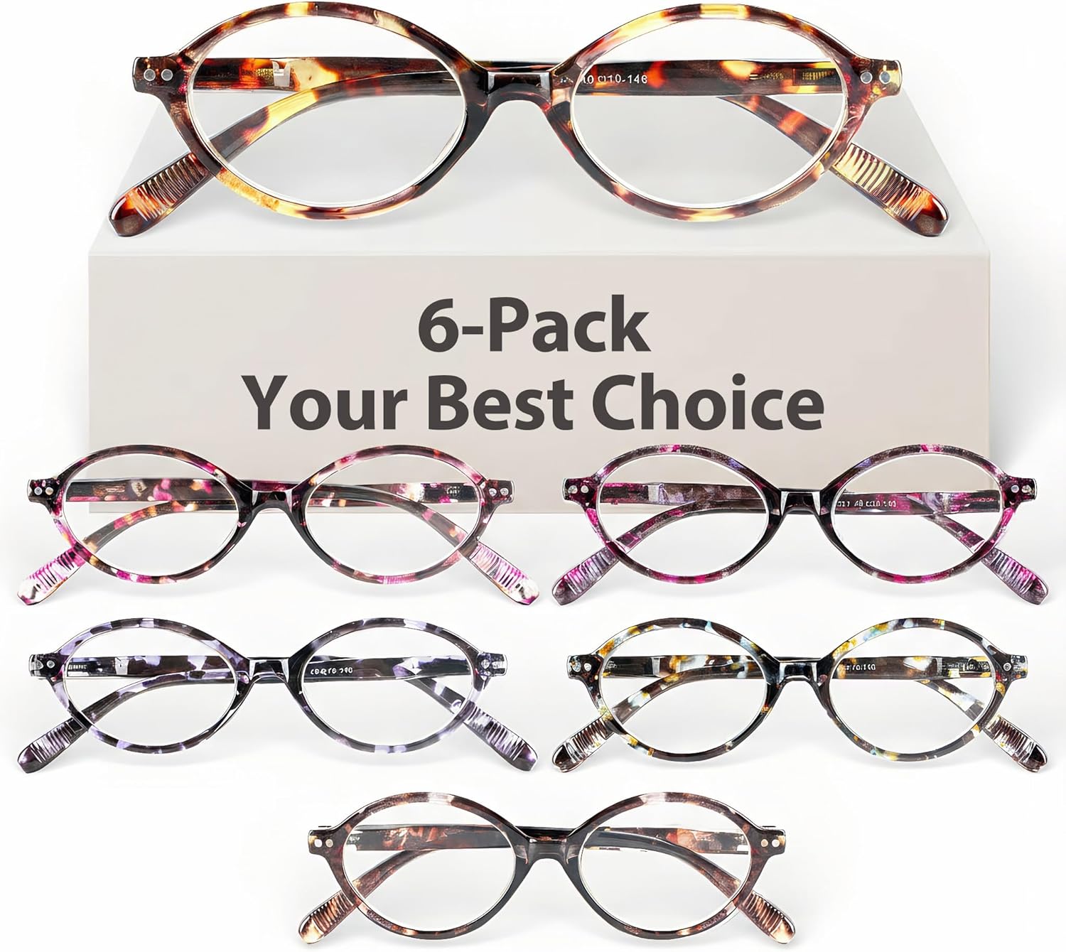 6 Pack Small Oval Reading Glasses for Women, Blue Light Readers with Flexible Spring Hinge (Multicolor, 1.5x)