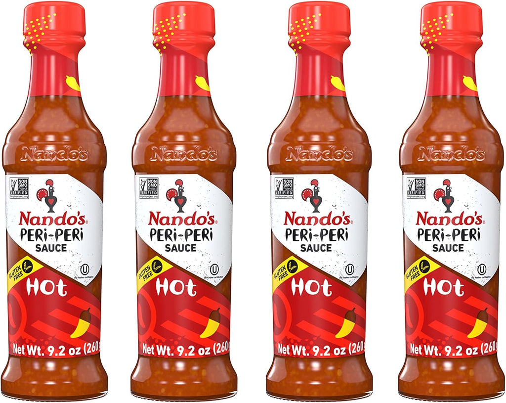 Nando's Hot PERi-PERi Sauce - Hot Heat Fiesty Blend of Garlic & Herbs - Great Substitute for Siracha | Gluten Free | Non GMO | Kosher - 9.1 oz Bottle (4 Pack)