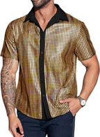 Runcati Mens Disco Shirt 70s Shirts Short Sleeve Button Down Vintage Sequin Metallic Disco Outfits Party Costume Top