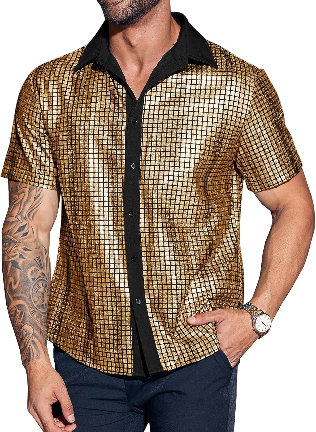 Runcati Mens Disco Shirt 70s Shirts Short Sleeve Button Down Vintage Sequin Metallic Disco Outfits Party Costume Top