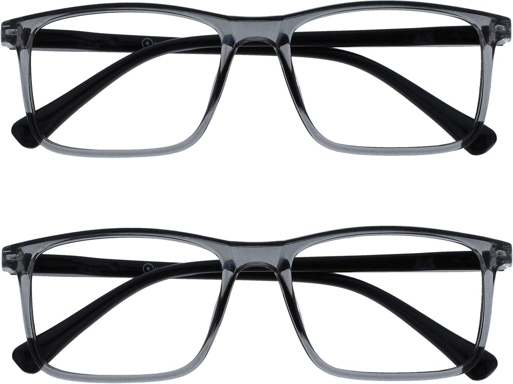 OPULIZE INK Reading Glasses - Value 2 Pack - Large Rectangular Frame - Spring Hinges - Scratch Resistant - Transparent Grey Black Arm - Mens Womens +2.50