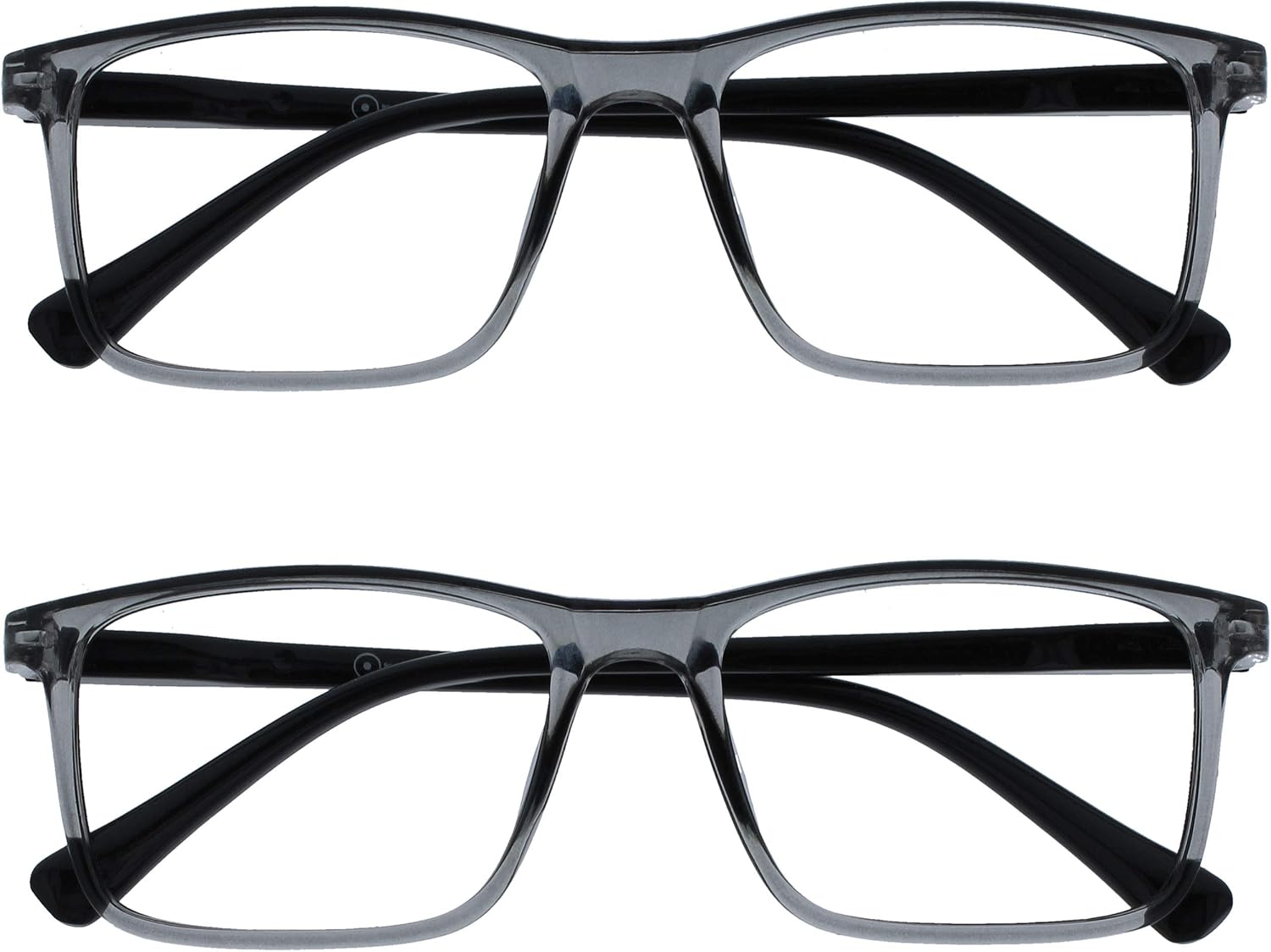 OPULIZE INK Reading Glasses - Value 2 Pack - Large Rectangular Frame - Spring Hinges - Scratch Resistant - Transparent Grey Black Arm - Mens Womens +2.00