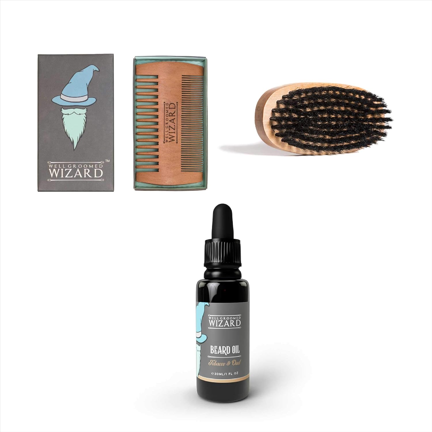 Beard Comb, Brush and Beard Oil Set, Beard Grooming Kit (Tobacco & Oud)