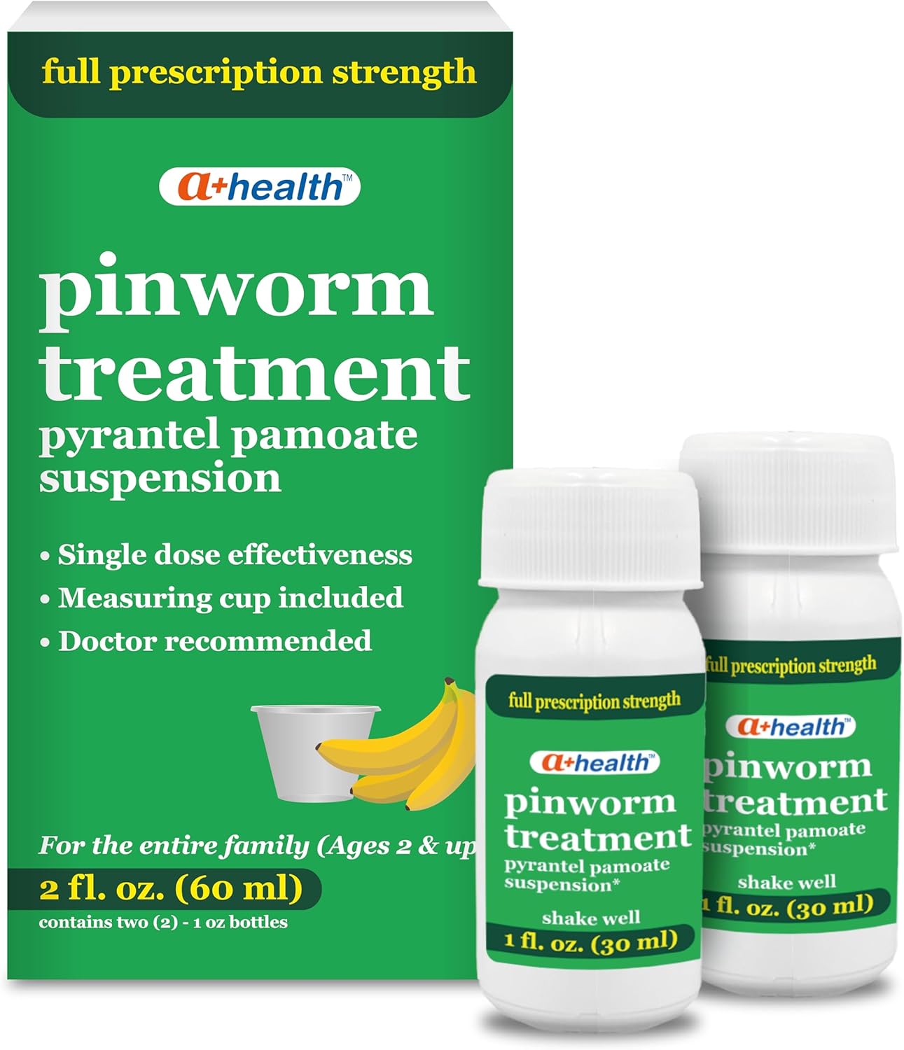 A+Health Pinworm Treatment Pyrantel Pamoate Oral Suspension, Family Pack, for Adults and Kids 2+, Banana Flavor, 2 Fl Ounces