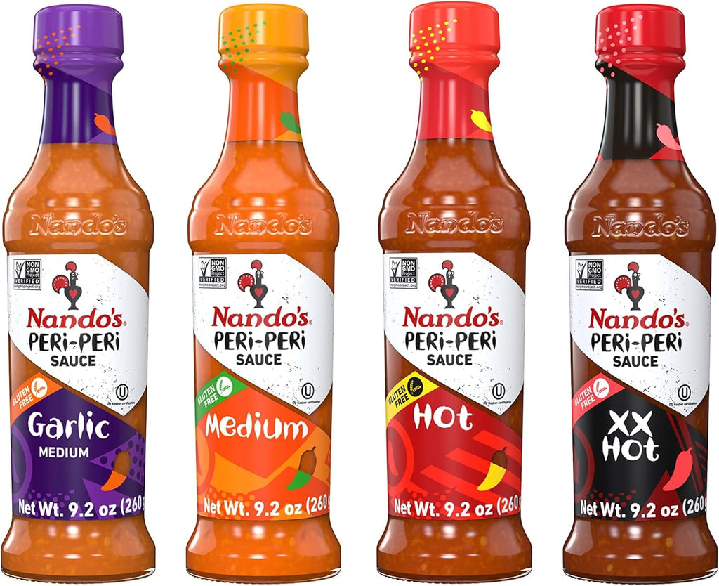 Nando's PERi PERi Hot Sauce Lovers Pack - Garlic, Medium, Hot, Extra Extra Hot Piri Piri Sauce Set - 9.1oz Bottles, 4PK