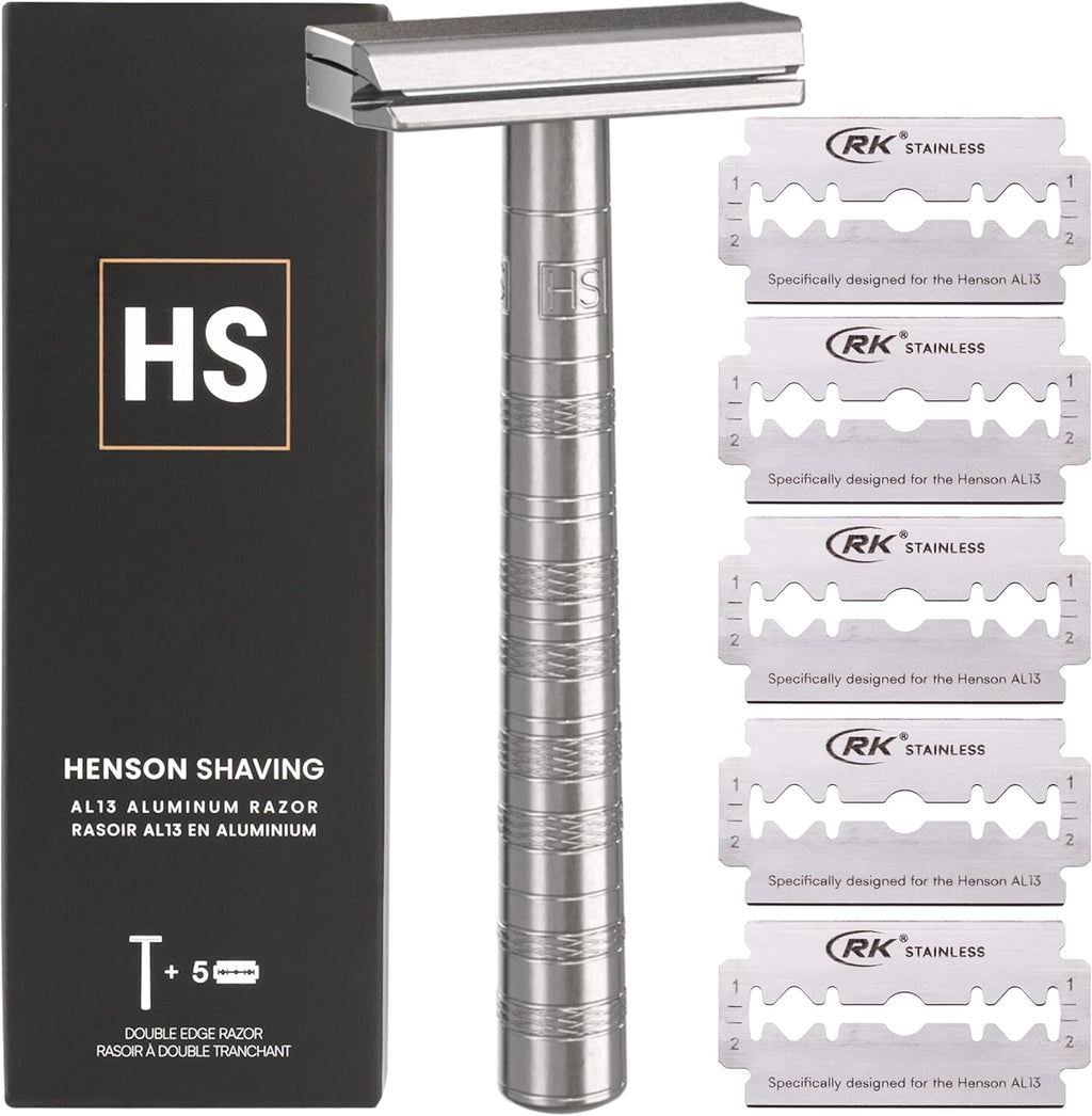 Henson Shaving Razor - Aluminum Double Edge Safety Razor with 5 Spare Blades - 30° Angled Precision With Superior Blade Rigidity- Reusable Single Blade Razors For Men and Women - Mild Aggression