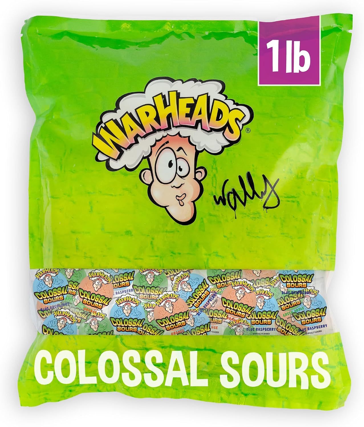 WARHEADS Colossal Sours - Giant Sour and Sweet Candy with a Tangy Crunch - Intense Fruit Flavors - Blue Raspberry, Orange & Green Apple – 1 lb. Bag