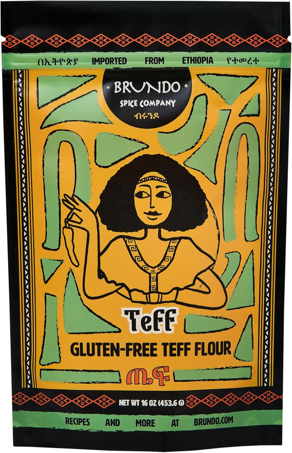 Brundo Ethiopian Spice Company | Gluten Free Teff Flour | Hand Picked & Processed Authentic Powdered Ethiopian Teff Grain | Harvested in and Imported from Ethiopia | All-Natural | No Preservatives | ጤፍ (16oz) |
