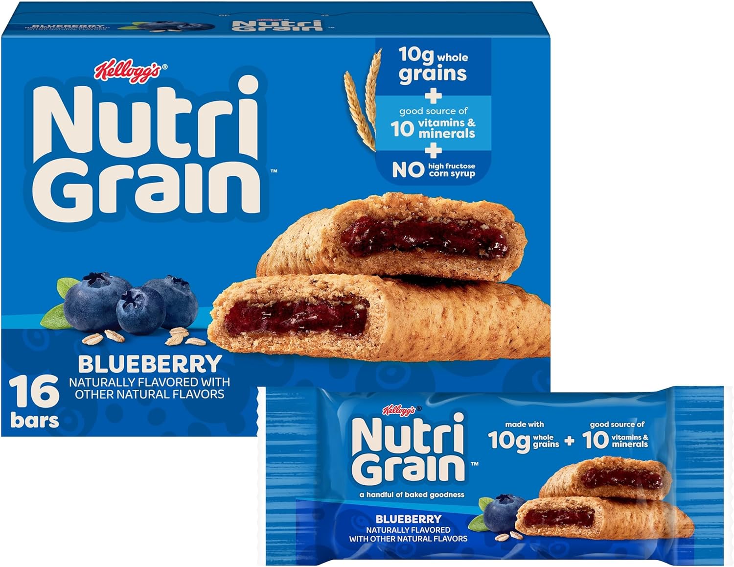 Nutri-Grain Breakfast Bars, Made with 10g Whole Grains, Snack Bars, Blueberry, 20.8oz Box (16 Count)
