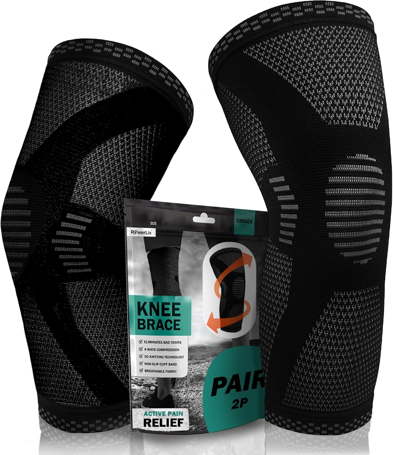 POWERLIX Knee Compression Sleeve (Pair) - Best Knee Brace for Knee Pain for Men & Women – Knee Support for Running, Basketball, Volleyball, Weightlifting, Gym, Workout, Sports - (Black XL)