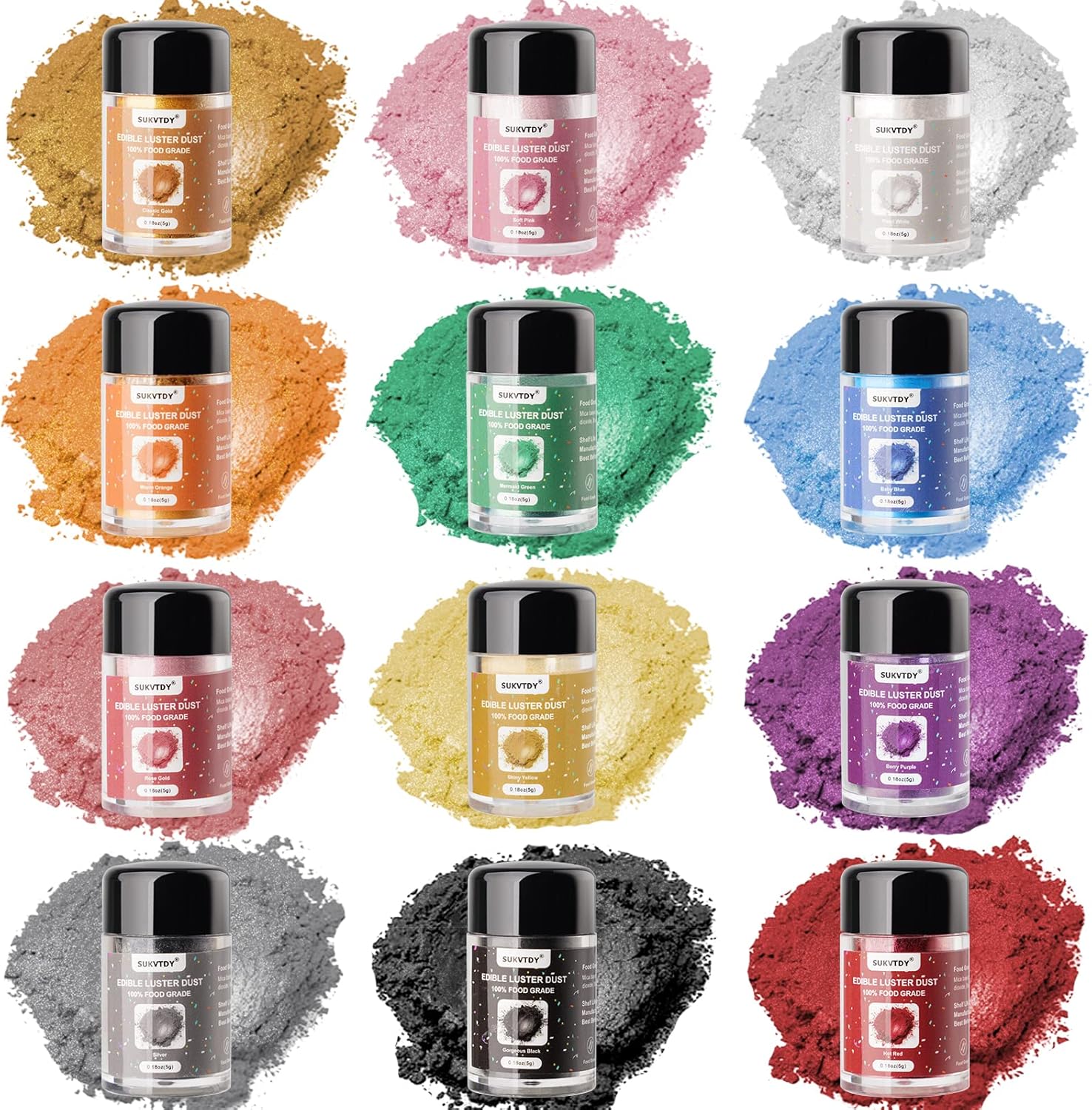Edible Glitter for Cocktails and Cakes, 12 Colors x 5g Food Grade Shimmer Luster Dust Edible Set, Food Glitter for Drinks Cookies Chocolate