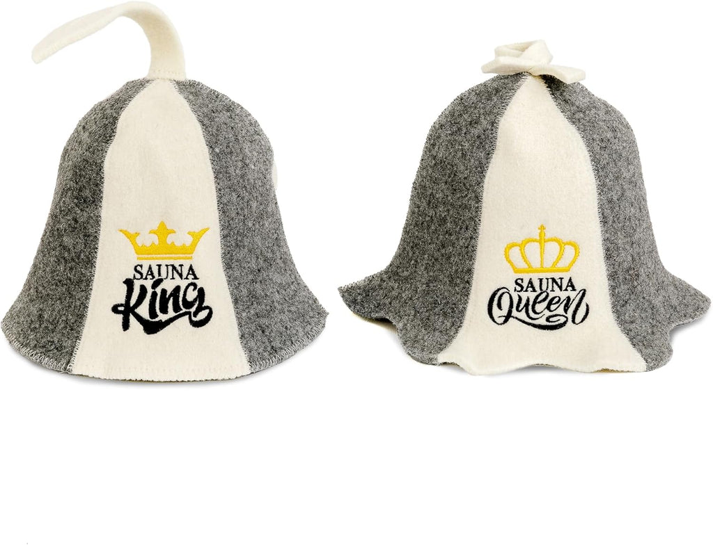 Sauna Hat 'Sauna King and Queen' White - 100% Organic Wool Felt Hats for Russian Banya - Protect Your Head from Heat - English Sauna eBook Guide Included - with Embroidery