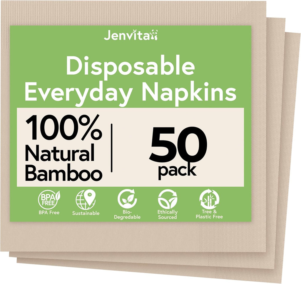 Everyday 100% Bamboo Biodegradable Napkins (50-Pack) | Lunch Napkins Disposable for Dinner, Lunch, Events, Occasions & Entertaining | 2-Ply FSC Certified | Bamboo Paper Towels | 6.5 x 6.5 Inch