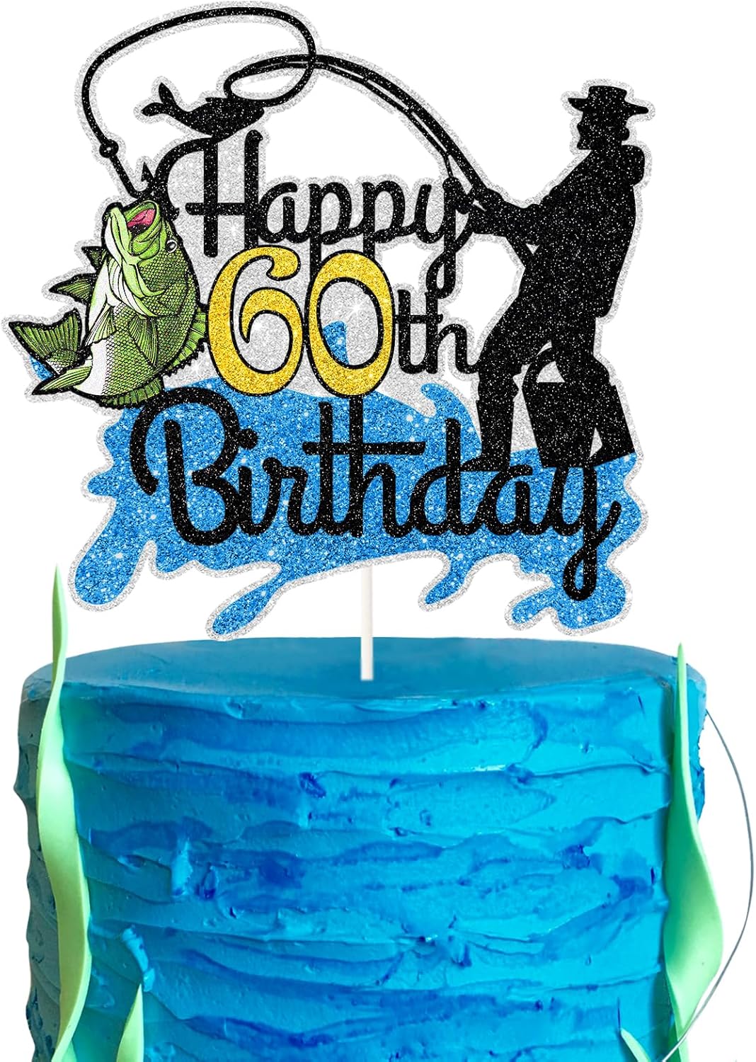 Fishing Happy 60th Birthday Cake Topper - Man Fisherman Theme Cake Decor - Fisherman 60 Years Old Party Decorations - Gone Fishing Themed 60th Birthday Party Supplies